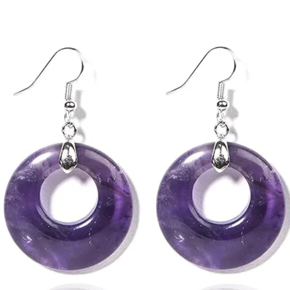 Amethyst Natural Stone Gemstone Healing Round Donut Dangle Earrings - Picture 2 of 2